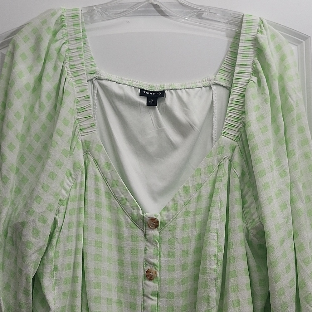 NWOT Torrid Fit and Flare Rayon Slub Button Up 3/4 Sleeve Green Gingham 3X - Picture 3 of 12